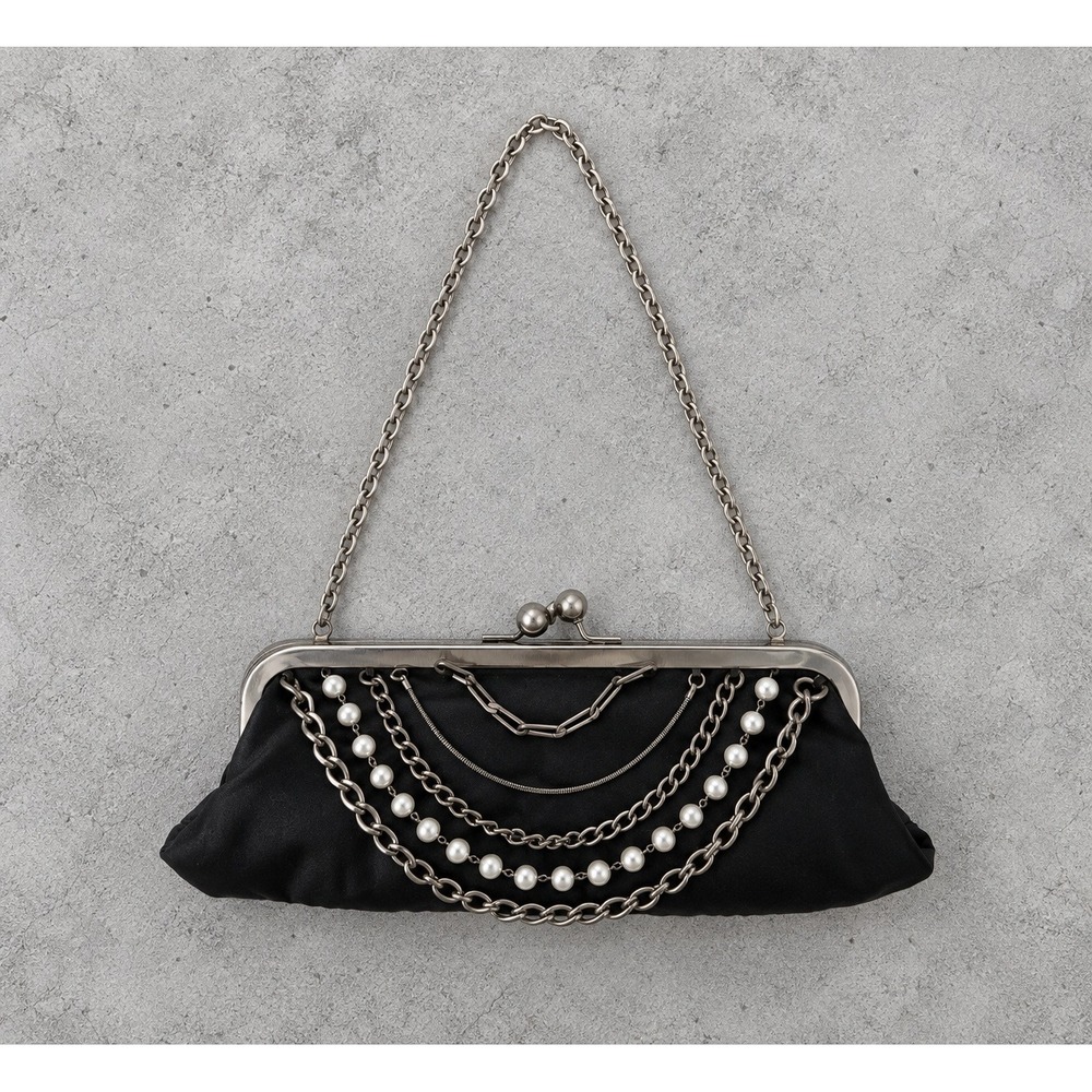 Vintage American Eagle Black Satin Pearl Chain Evening Clutch Bag Kiss Lock Y2K